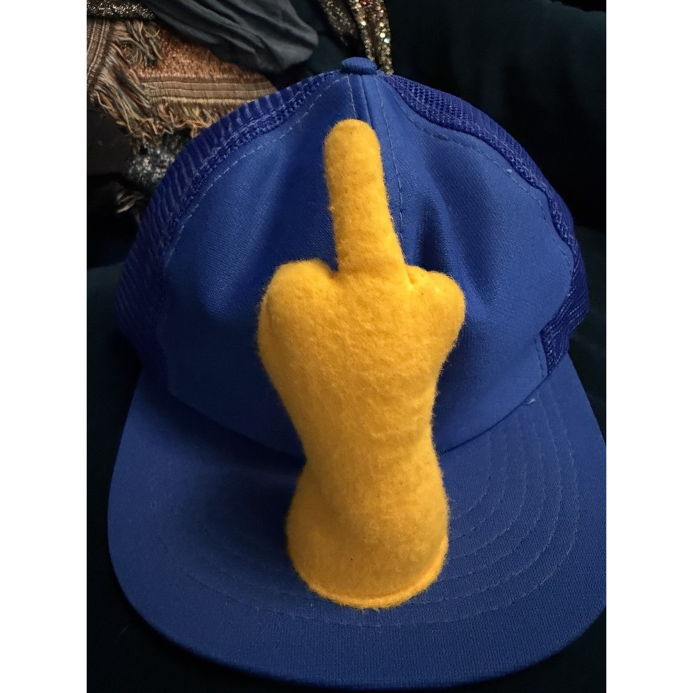Vintage 80s Middle Finger Hat 3D Plush Blue Trucker Snapback Designer Award - Picture 12 of 12